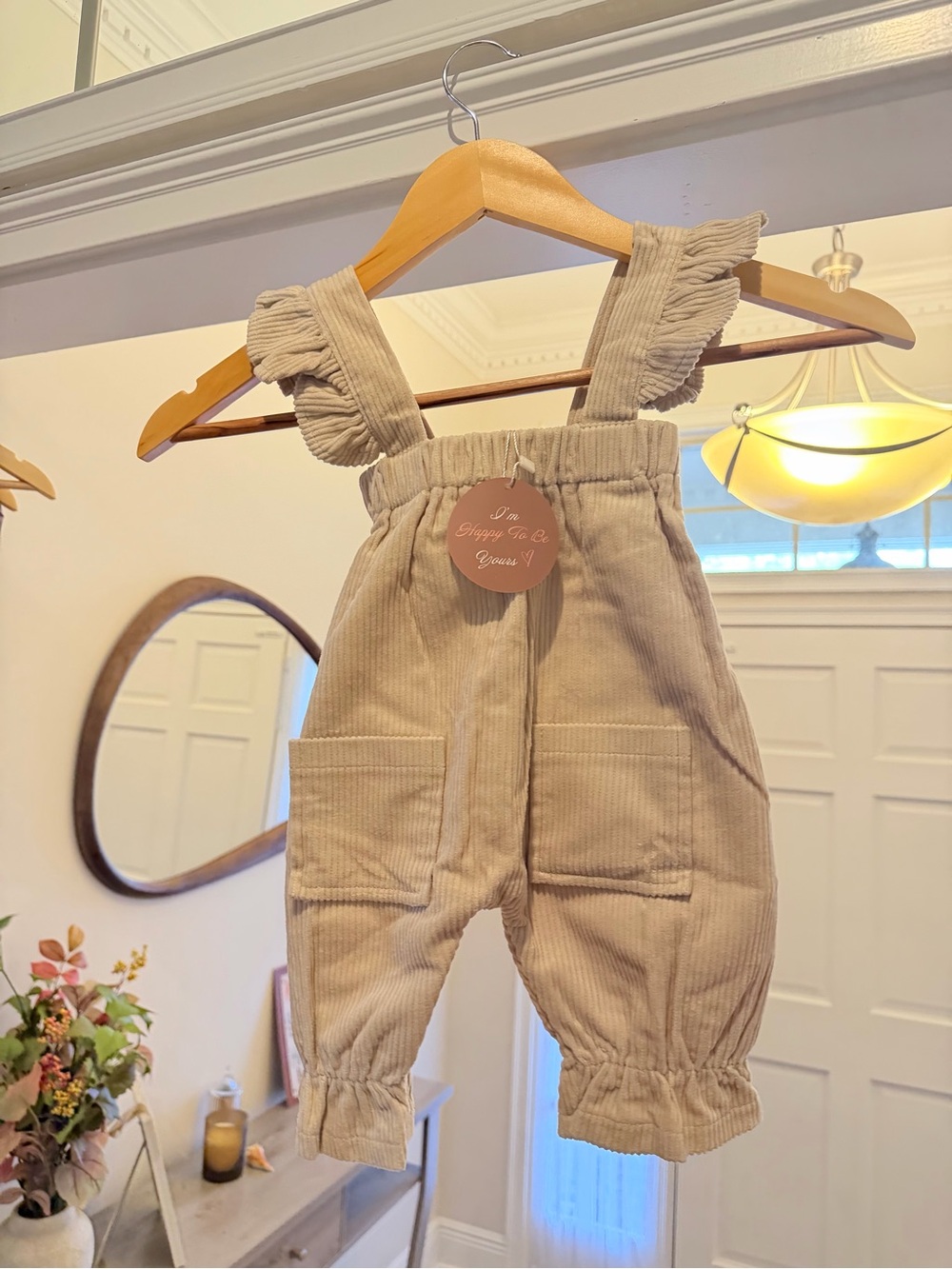 Kids Beige Ruffle-Strap Corduroy Overalls